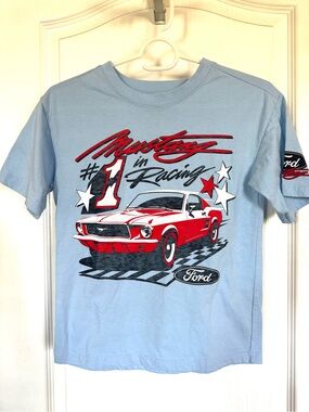 Ford Light Blue Tee with Red Mustang Racing Graphic